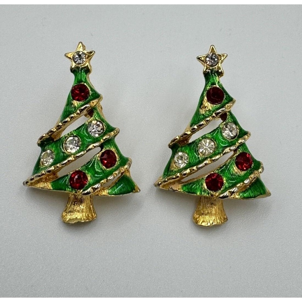 Vintage Gold Tone Green Christmas Tree Post Earrings Red Clear Rhinestones - Picture 3 of 7